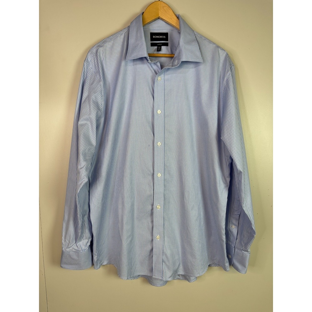 Bonobos Men's Dress Shirt 17 1/2 - 35 Blue White Gingham Check Tailored Fit